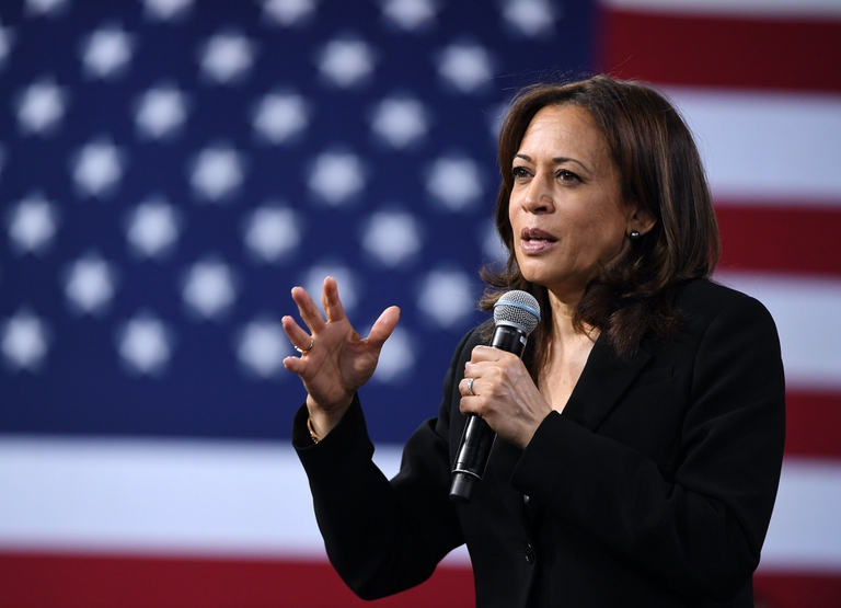 Kamala Harris in front of the American flag