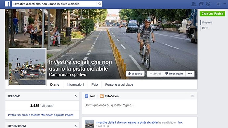 Investire ciclisti, pagina Facebook creata il 9 ottobre 2014