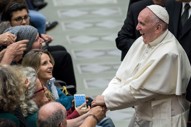 Pope Francis greets people during an audience with representatives of Third World Meeting of Popular Movements in Paul VI hall in Vatican City, Vatican on November 05, 2016. The Meeting brings together organizations of people on the margins of society, including the poor, the unemployed and those who have lost their agricultural land.(Photo by Giuseppe Ciccia/NurPhoto via Getty Images)