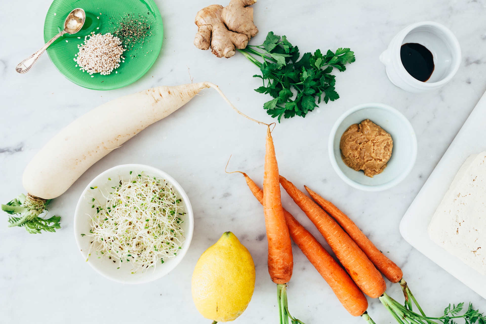Daikon and carrot salad with peanut sauce