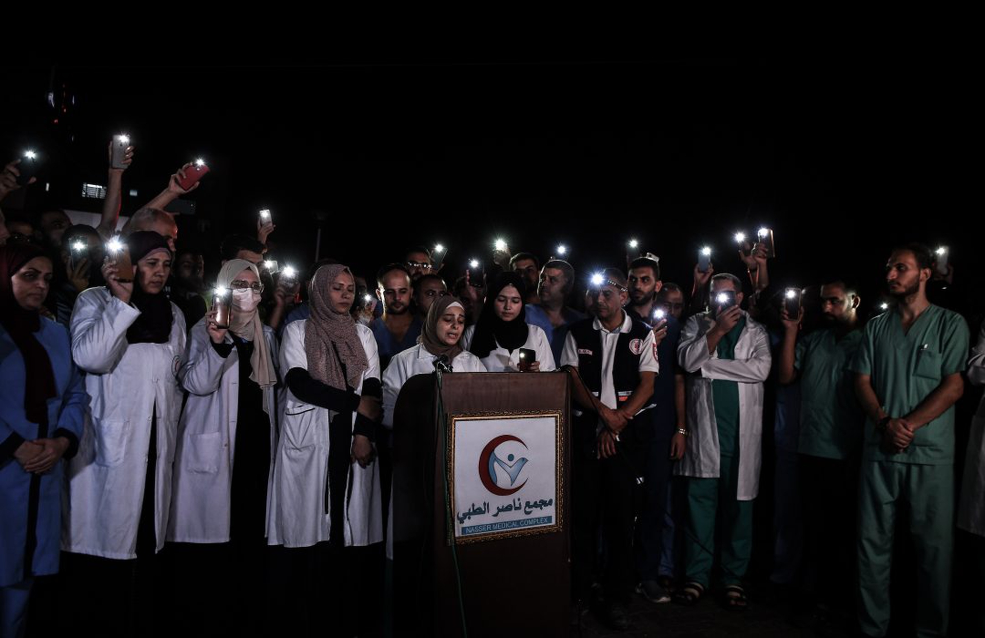 Healthcare workers in Khan Yunis show support for their colleagues in other regions of the Gaza Strip