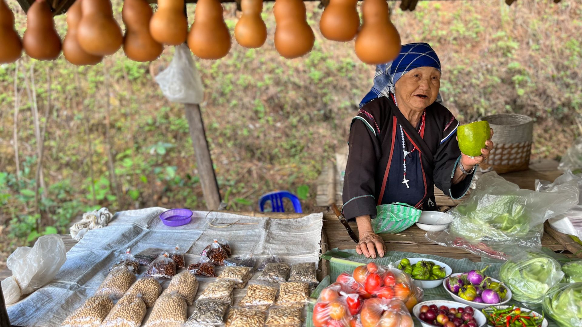 Una signora vende i prodotti coltivati da lei sulla strada che porta a Doi Mae Salong