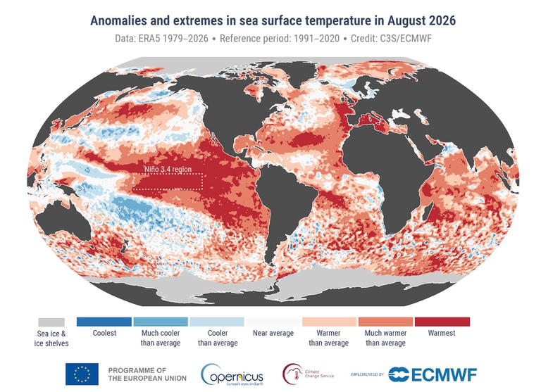 Le anomalie termiche sulle terre emerse in Europa ad agosto 2026