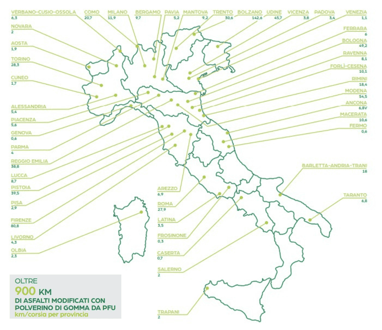  Mappa della diffusione per provincia di asfalto da polverino di gomma da Pfu.