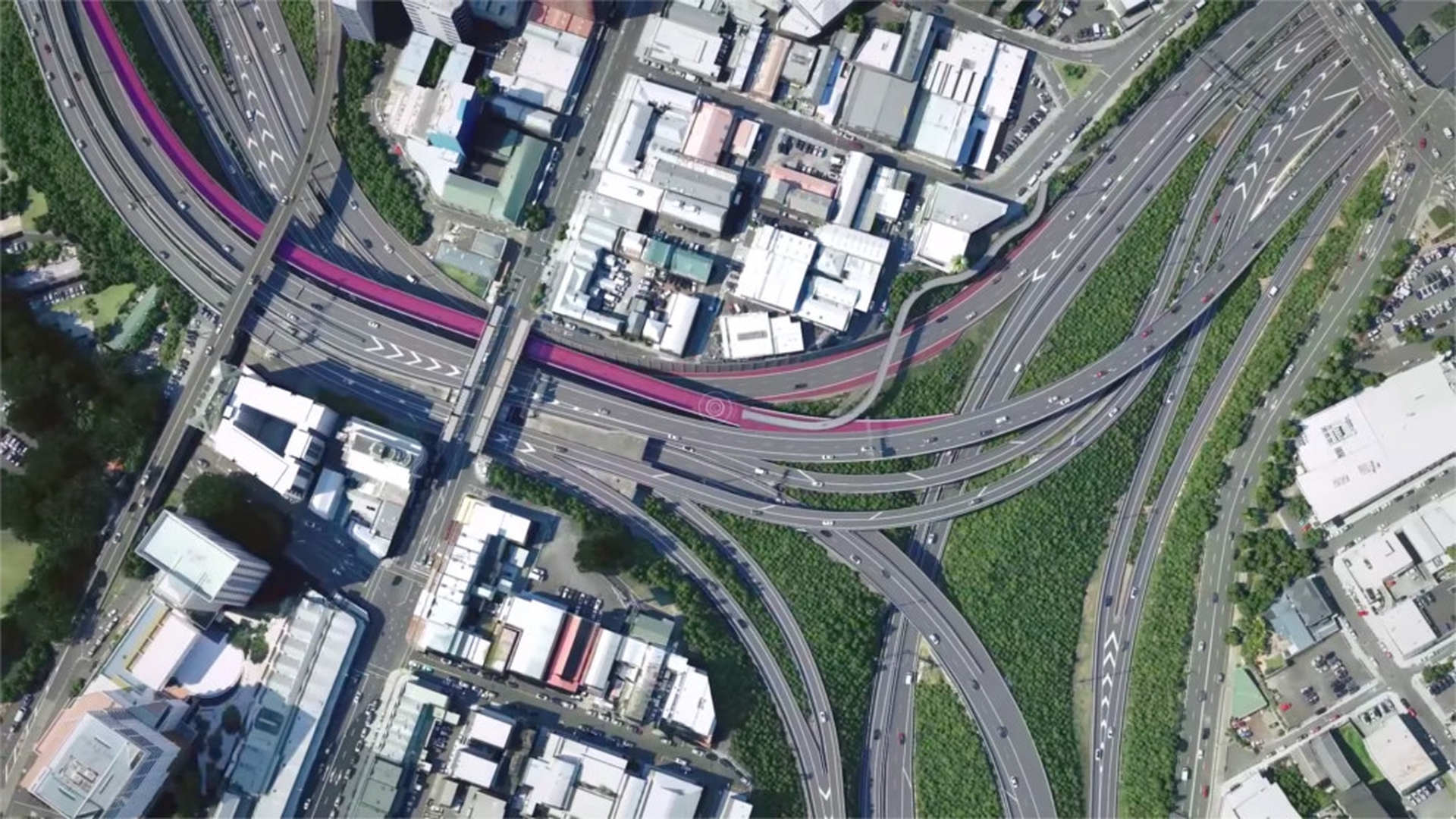 Pink cycling path seen from above
