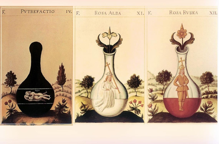 Le tre fasi principali dell'opera alchemica, raffigurate come tre ampolle contenenti ingredienti di colore diverso, nel manoscritto attribuito a Georges Aurach Pretiosissimum Donum Dei (1415).