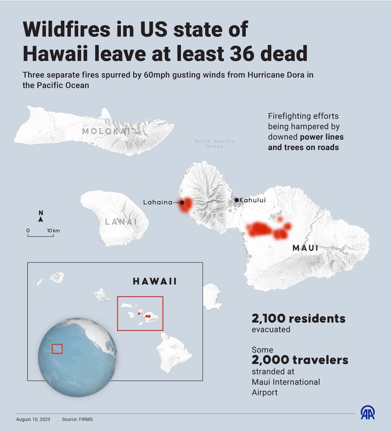 Le zone interessate dagli incendi alle Hawaii